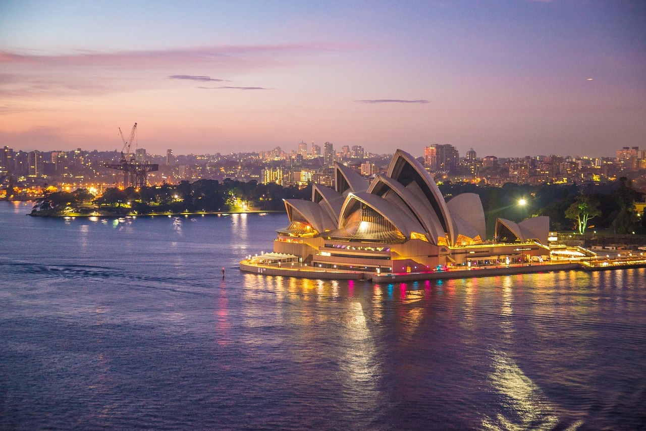 sydney opera house, sydney, architecture, building, harbour, australia, cityscape, nature, water, evening